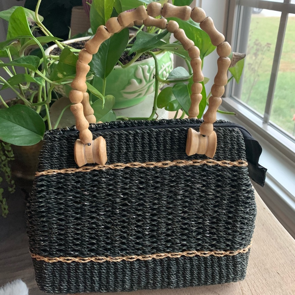 Vintage Straw Boho Purse Bag Wood Handles - Gem